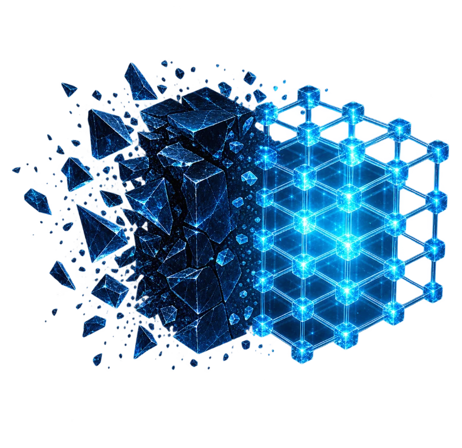 Fragmenting blocks of legacy courseware resolving into an intact, illuminated lattice